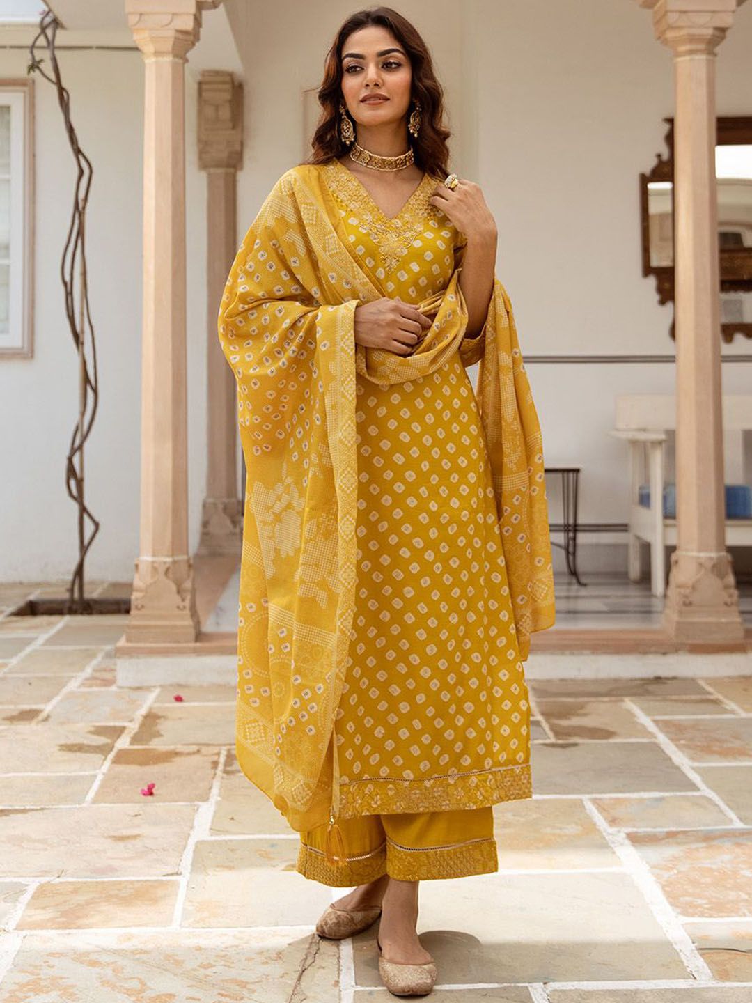 Rich Mustard Bandini Embroidered Straight Fit Kurta Set With Straight Bottom & Soft Printed Dupatta