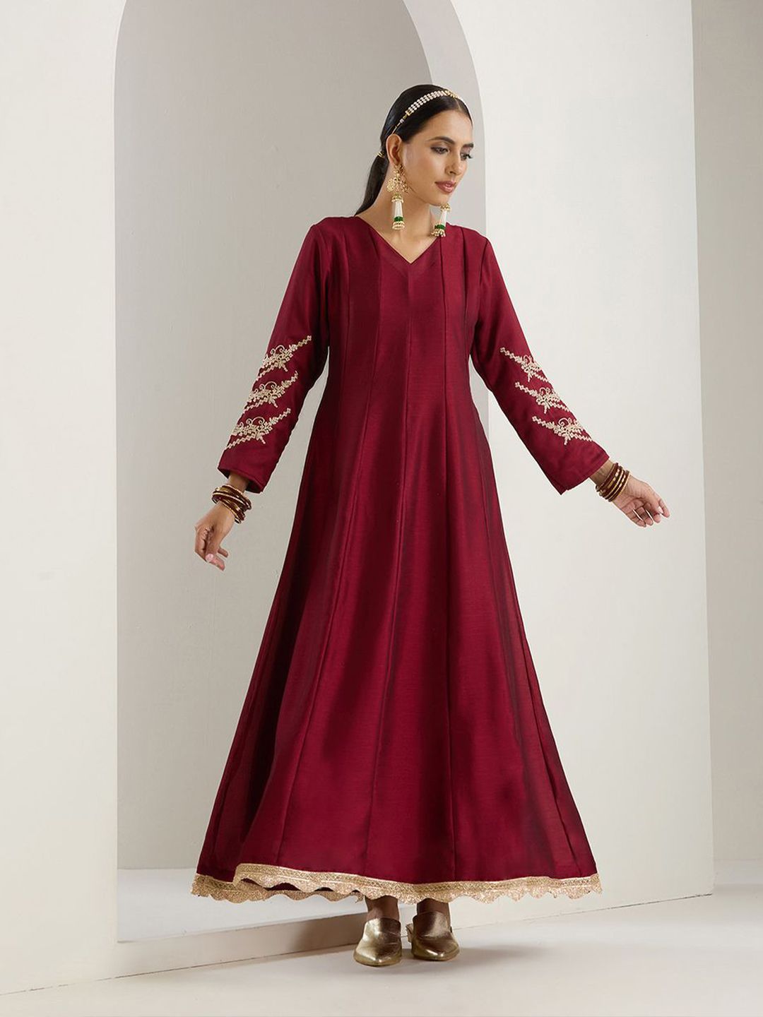 Rich Blended Burgundy Zari Embroidered Anarkali  Dress with Brocade Dupatta and Latkhans