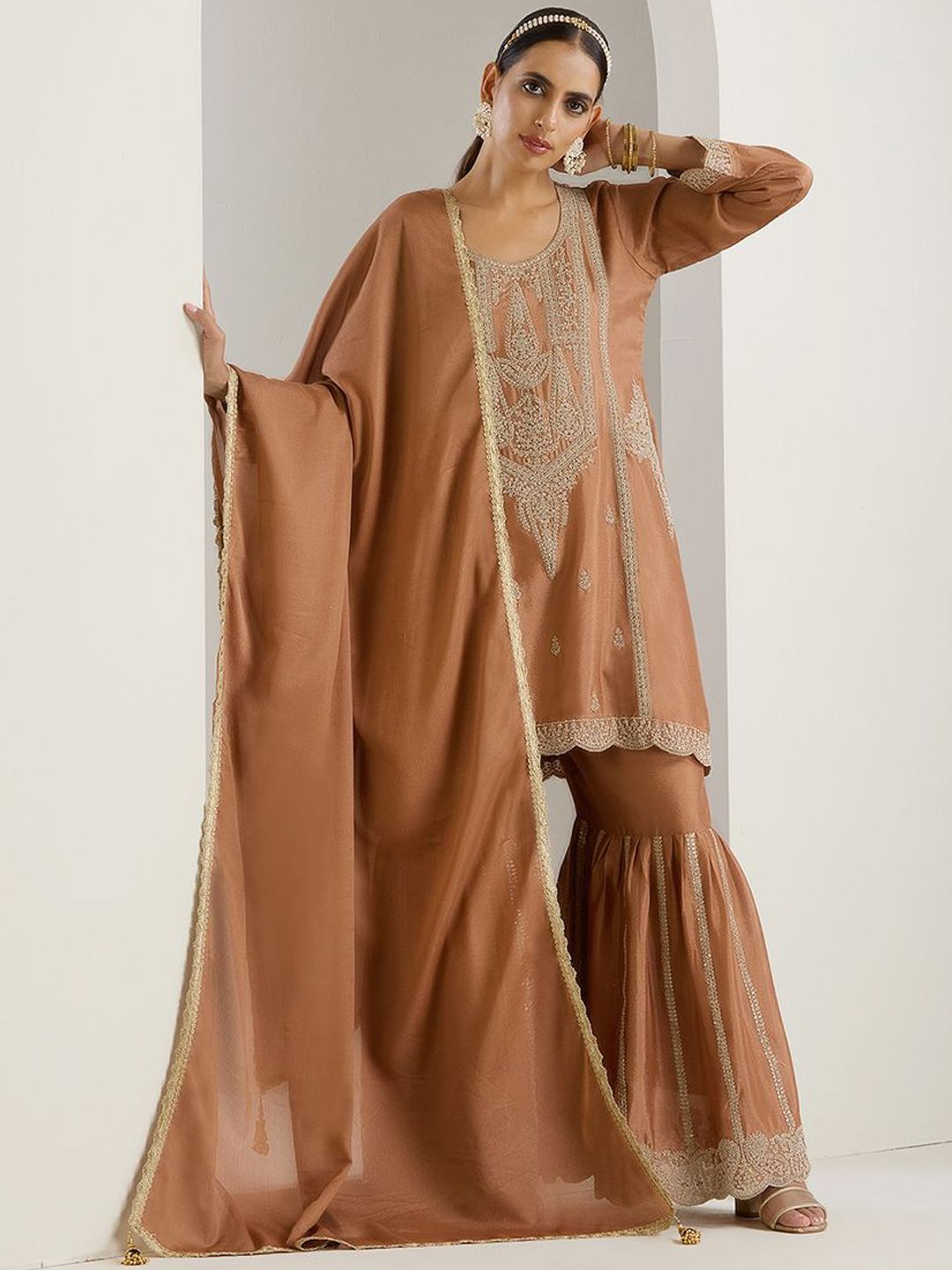 Cream Chinon Zari Embroidered Kurta Set with Sharara Bottom and Silk Blend Tassel Dupatta