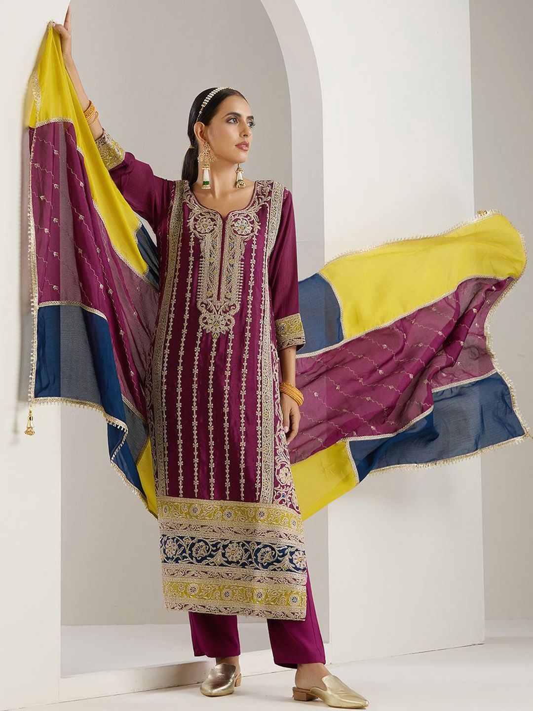 Rich Lavender Chinon Zari Embroidered Kurta Set with Sharara Bottom and Gotta Patti Tassel Dupatta