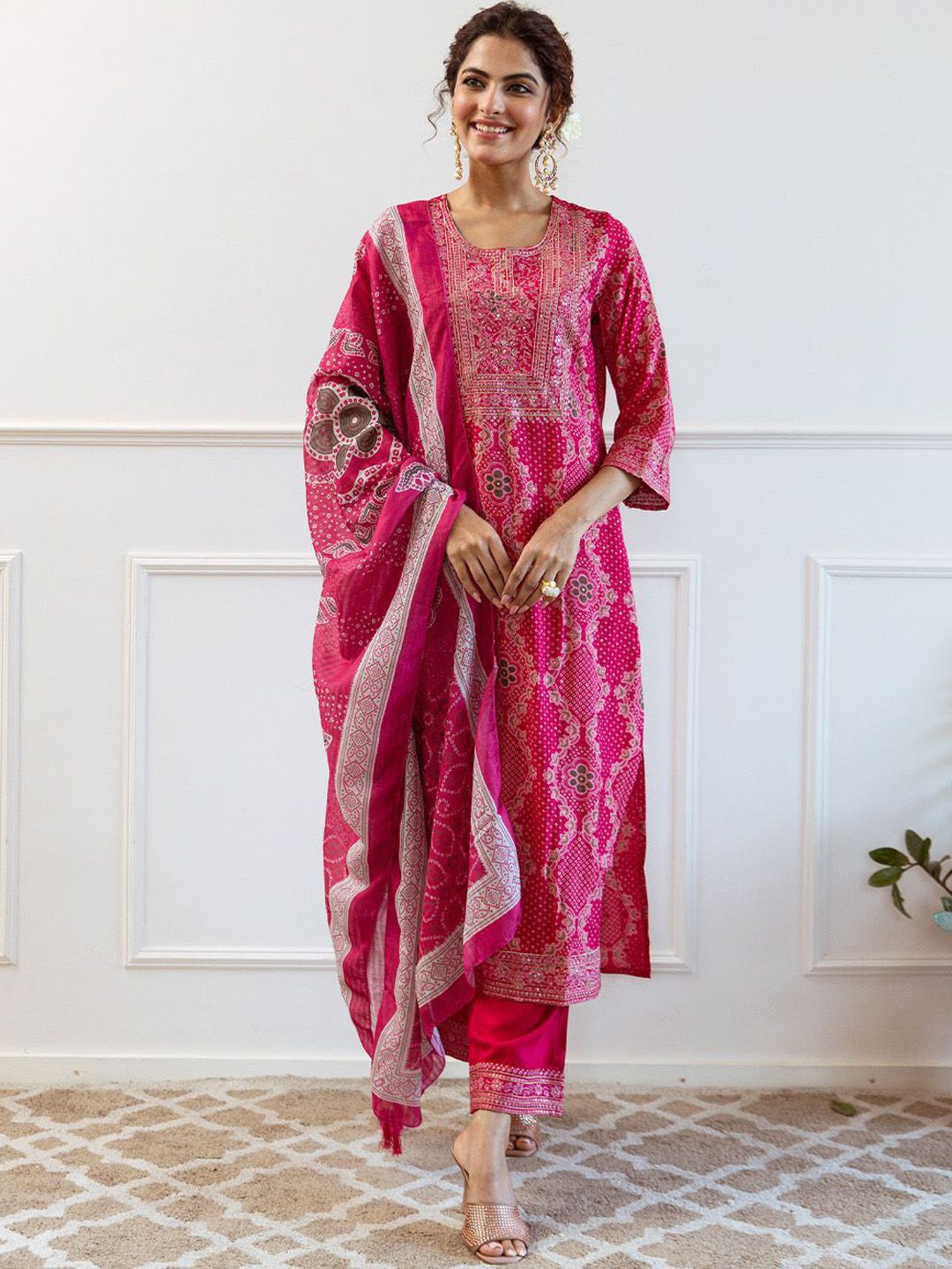 Rich Pink Modal Muslin Zari Embroidered Straight Fit Kurta Set With Straight Bottom & Soft Printed Dupatta