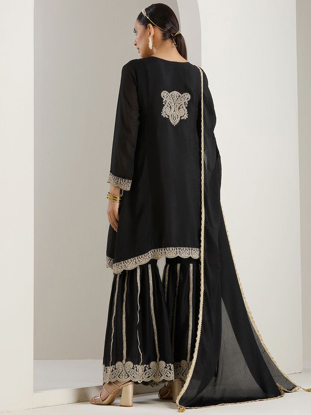 Rich Black Chinon Zari Embroidered Kurta Set with Sharara Bottom and Silk Blend Tassel Dupatta