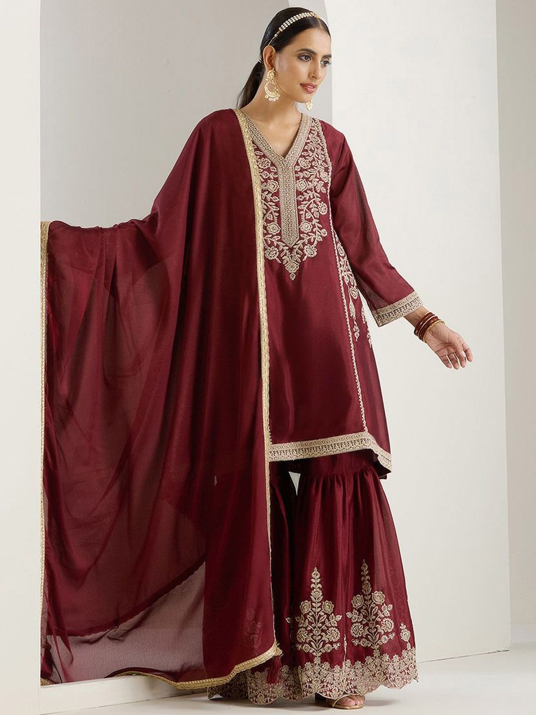 Rich Maroon Chinon Zari Embroidered Kurta Set with Sharara Bottom and Silk Blend Tassel Dupatta