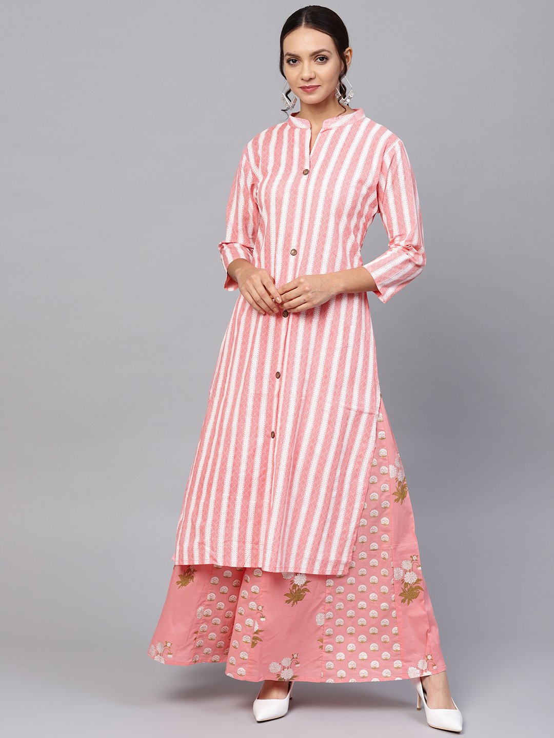 Ishin Women's Cotton Pink & Off White Printed A-Line Kurta Palazzo Set