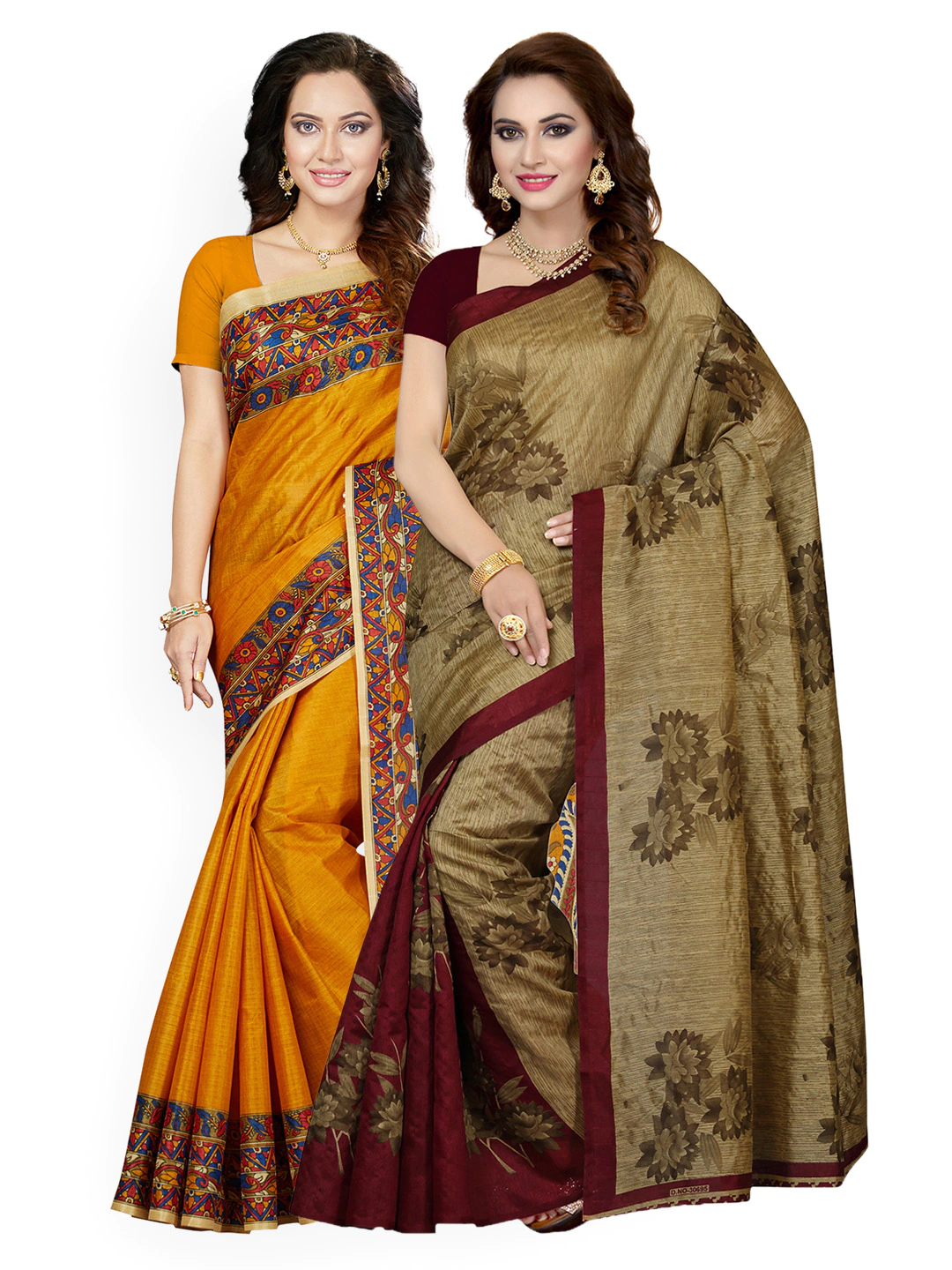 Ishin Women's  Combo of Tow Mustard & Beige Printed Saree