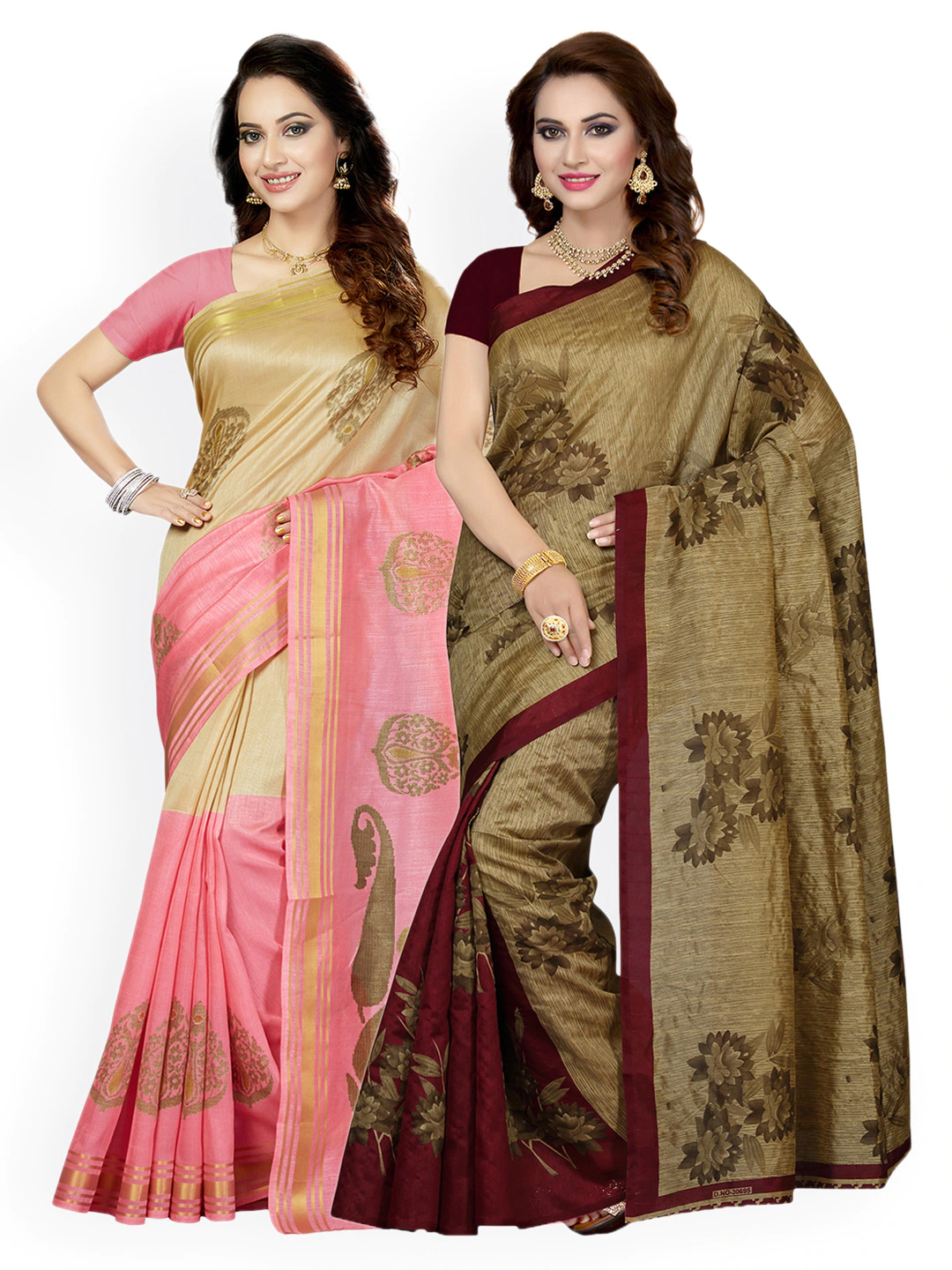 Ishin Women's  Combo of Tow Beige & Pink Printed Saree