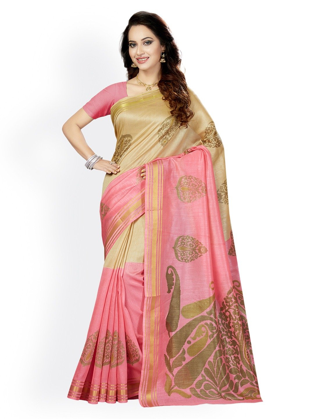 Ishin Women's  Combo of Tow Beige & Pink Printed Saree