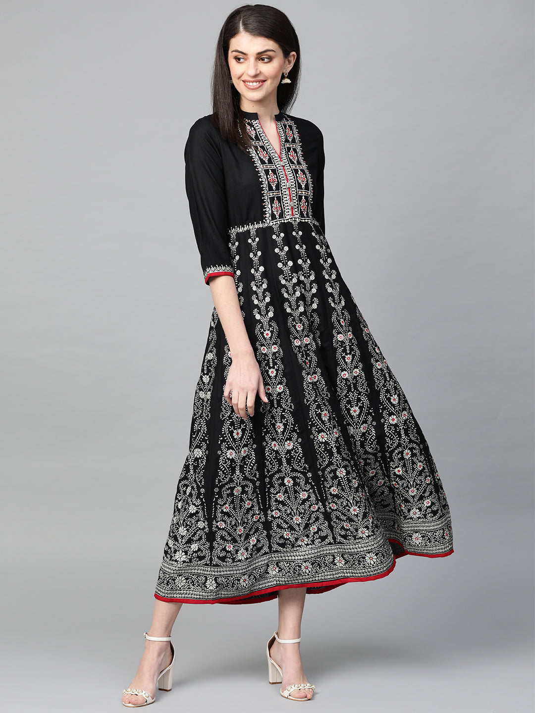 Ishin Women's Cotton Black Embellished Anarkali Kurta