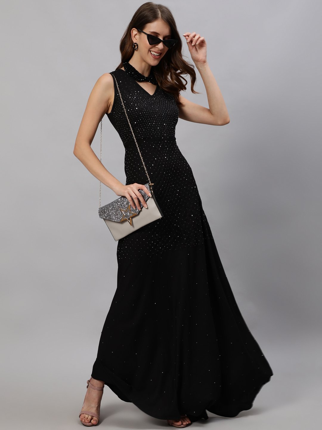 Ishin Women's Black Embellished Gown Dress