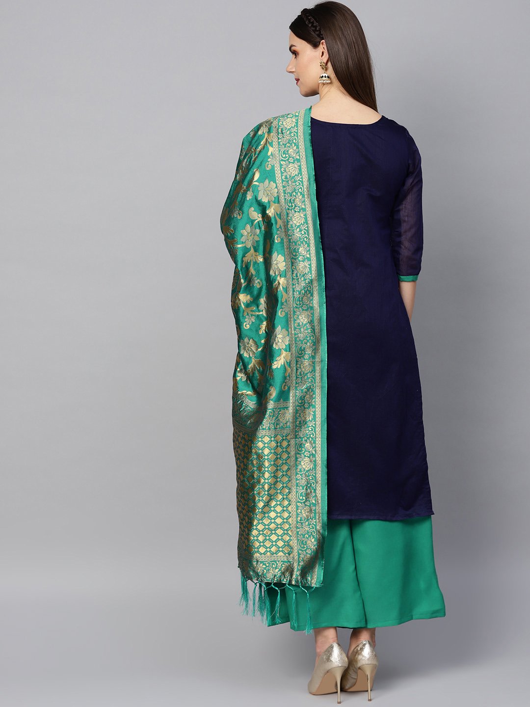 Ishin Women's Cotton Blend Navy Blue & Green Embroidered A-Line Kurta Palazzo Dupatta Set