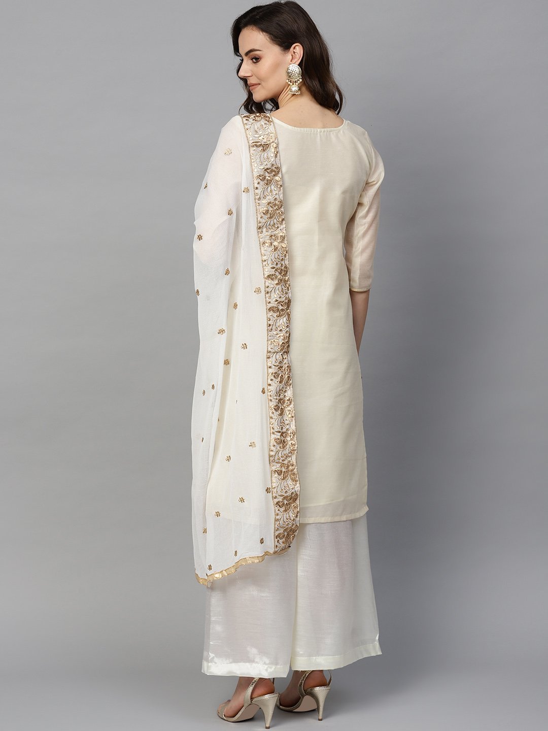 Ishin Women's Chanderi Cotton White Embellished A-Line Kurta Palazzo Dupatta Set