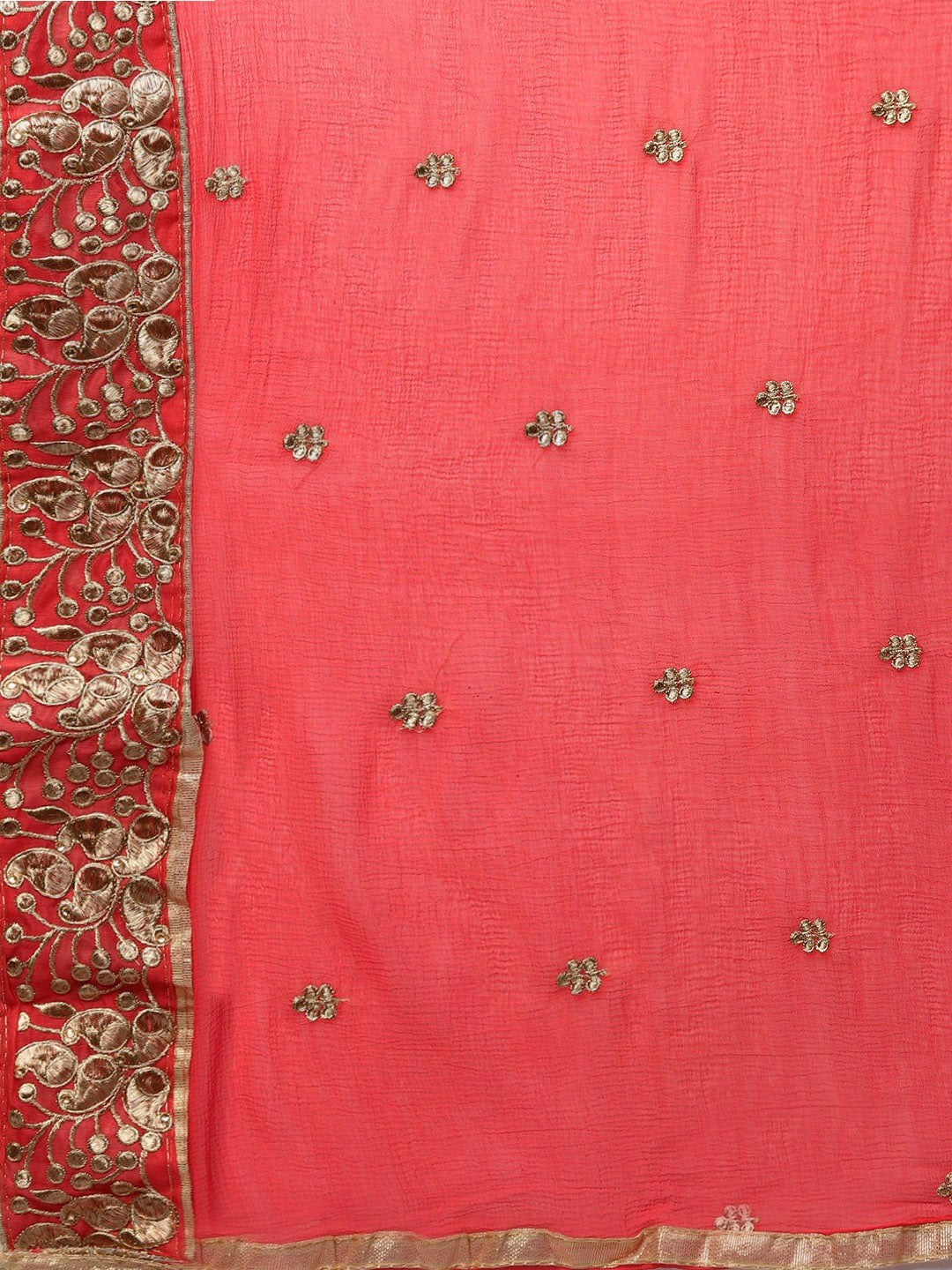 Coral Red & Golden Embellished Unstitched Dress Material