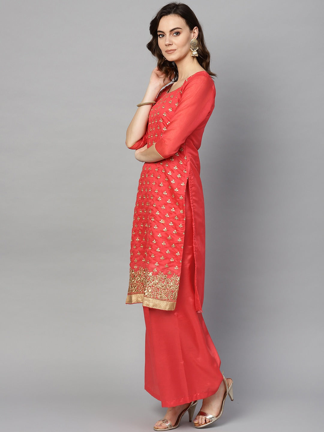 Coral Red & Golden Embellished Unstitched Dress Material