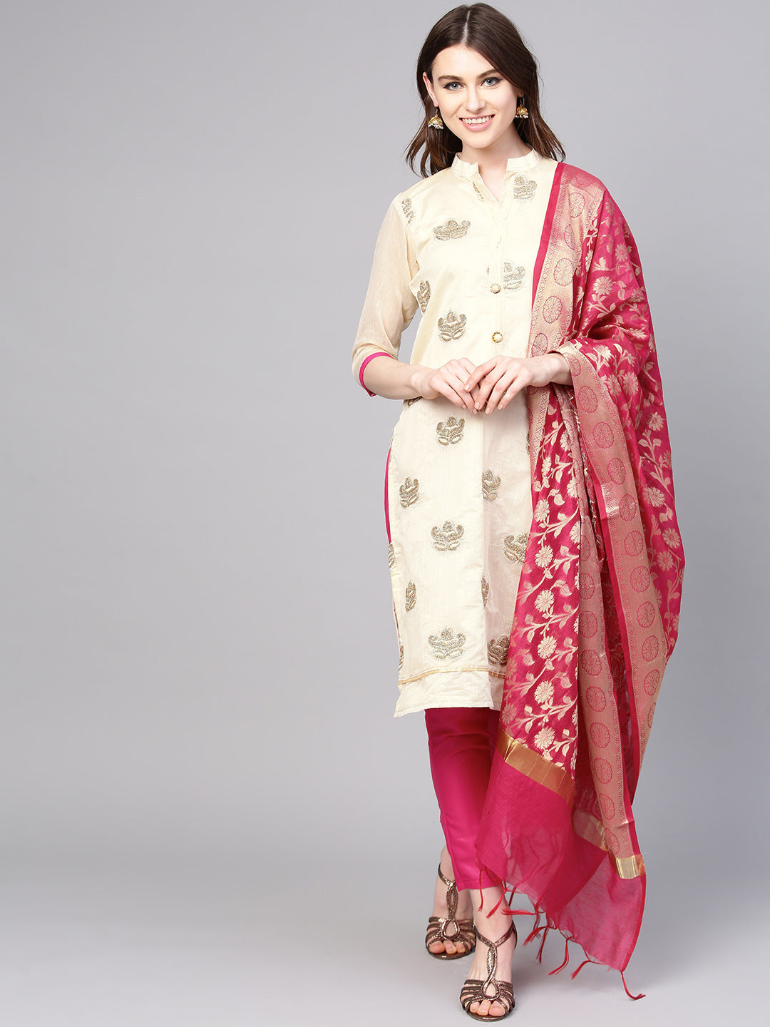 Ishin Women's Chanderi Silk Off White & Pink Embroidered A-Line Kurta With Trouser & Dupatta