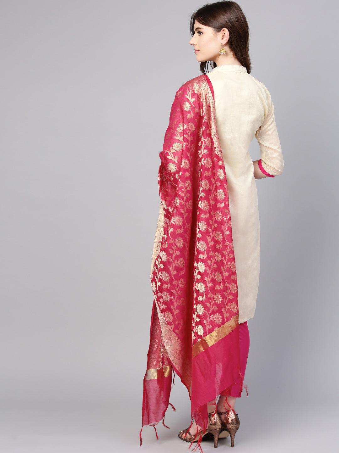 Ishin Women's Chanderi Silk Off White & Pink Embroidered A-Line Kurta With Trouser & Dupatta