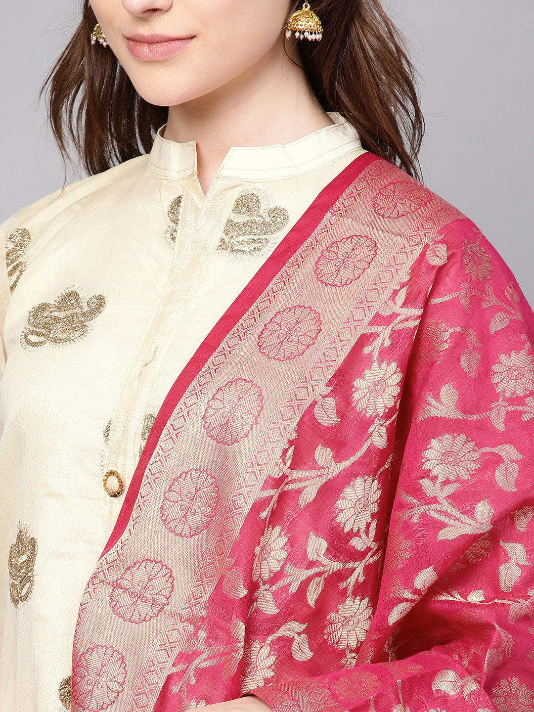 Ishin Women's Chanderi Silk Off White & Pink Embroidered A-Line Kurta With Trouser & Dupatta