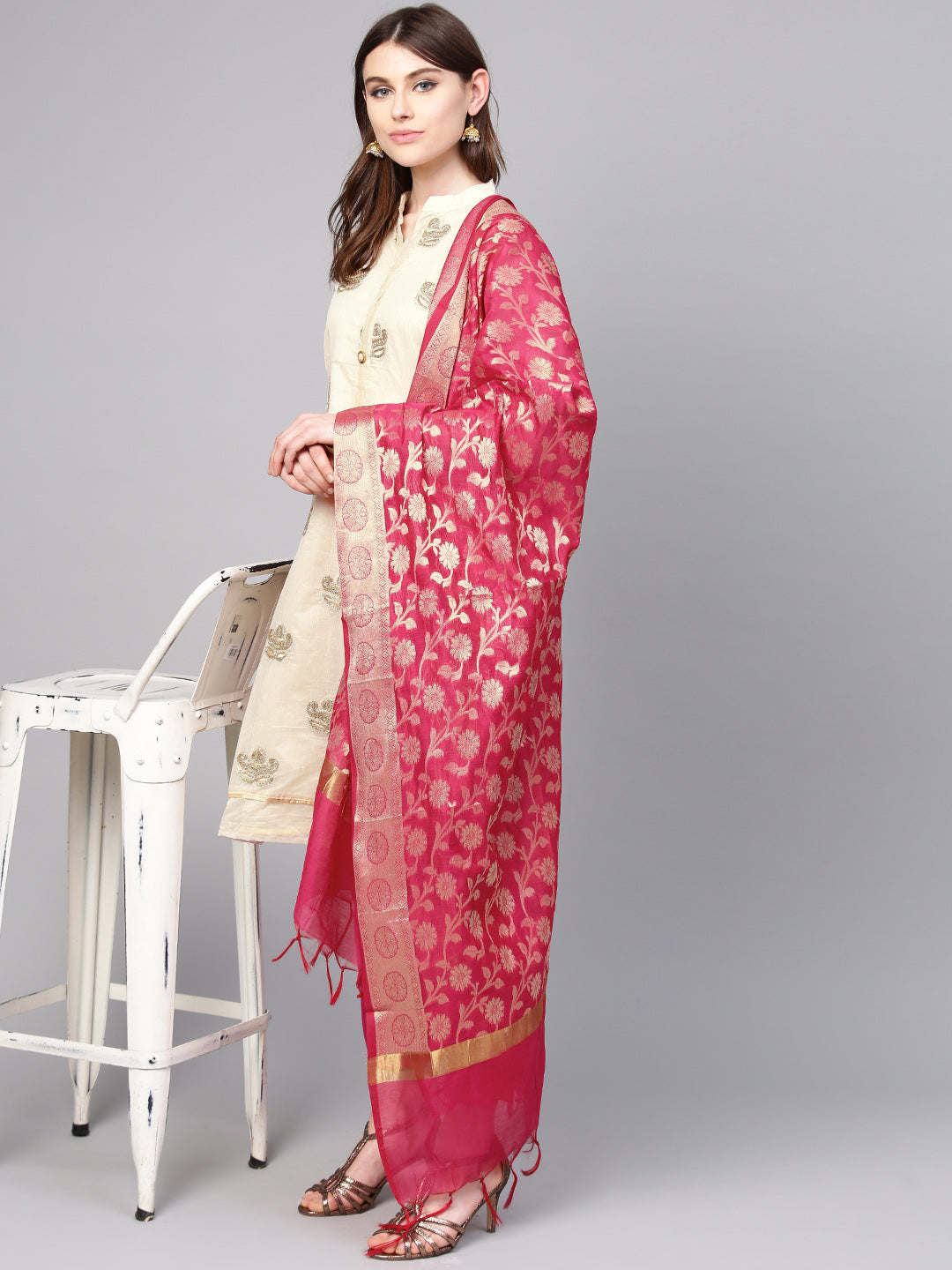 Ishin Women's Chanderi Silk Off White & Pink Embroidered A-Line Kurta With Trouser & Dupatta