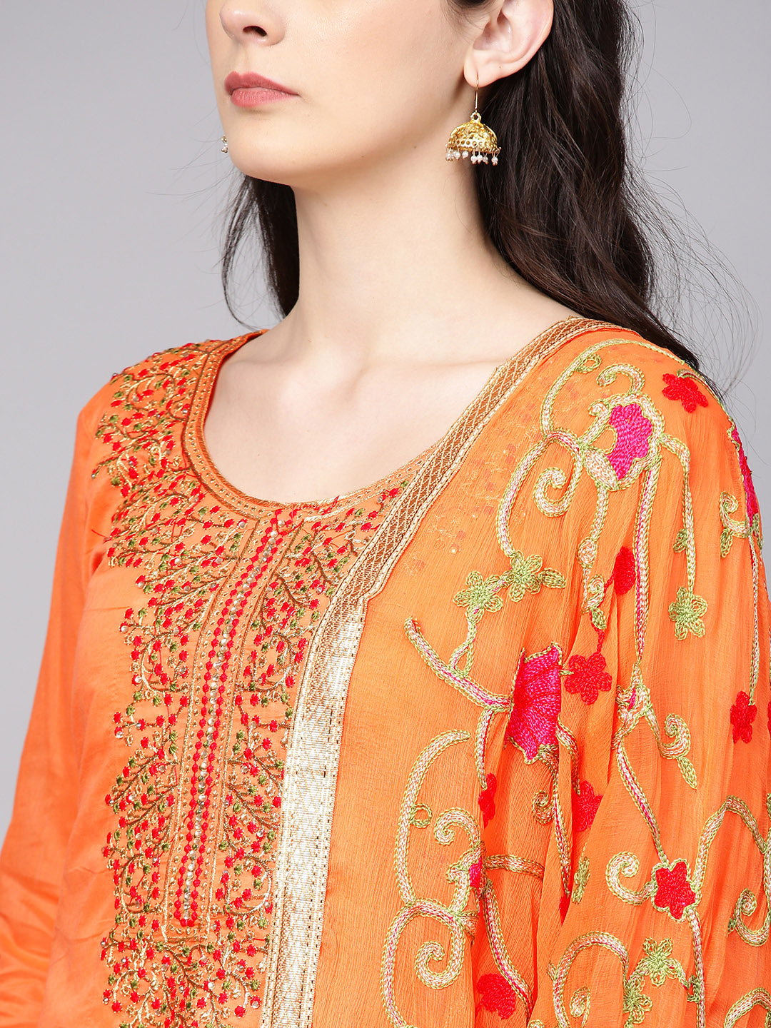 Ishin Women's Poly Cotton Orange Embroidered A-Line Kurta With Palazzo & Dupatta