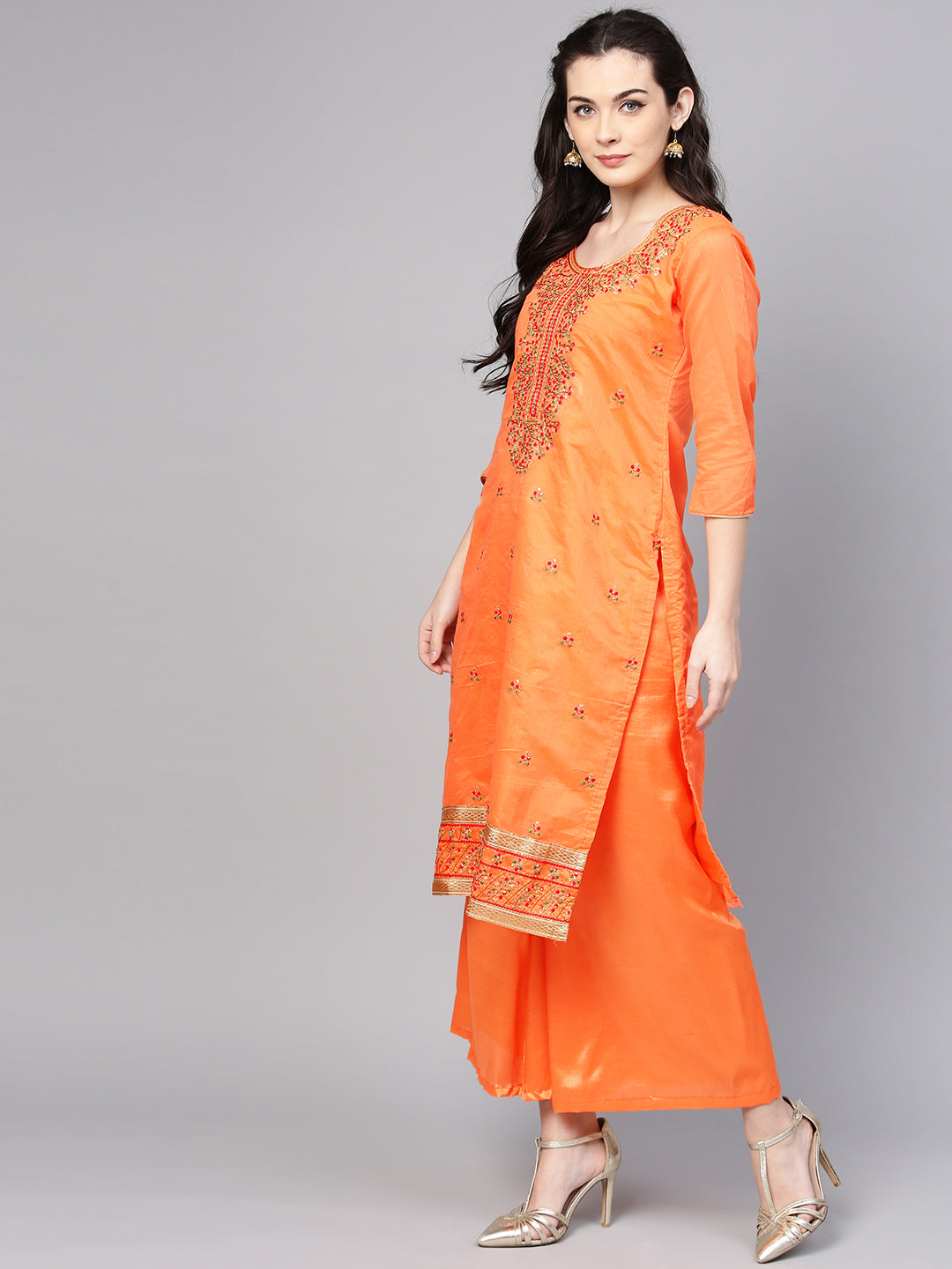 Ishin Women's Poly Cotton Orange Embroidered A-Line Kurta With Palazzo & Dupatta