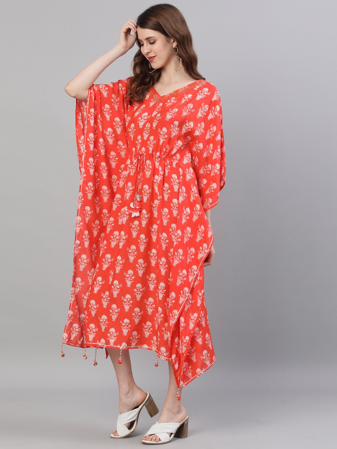 Ishin Women's Orange Embroidered Kaftan Dress