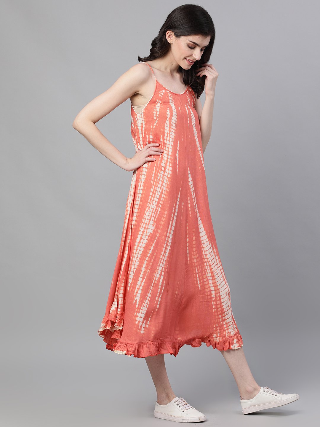 Ishin Women's Rayon Peach Tie & Dye Umbrella Dress