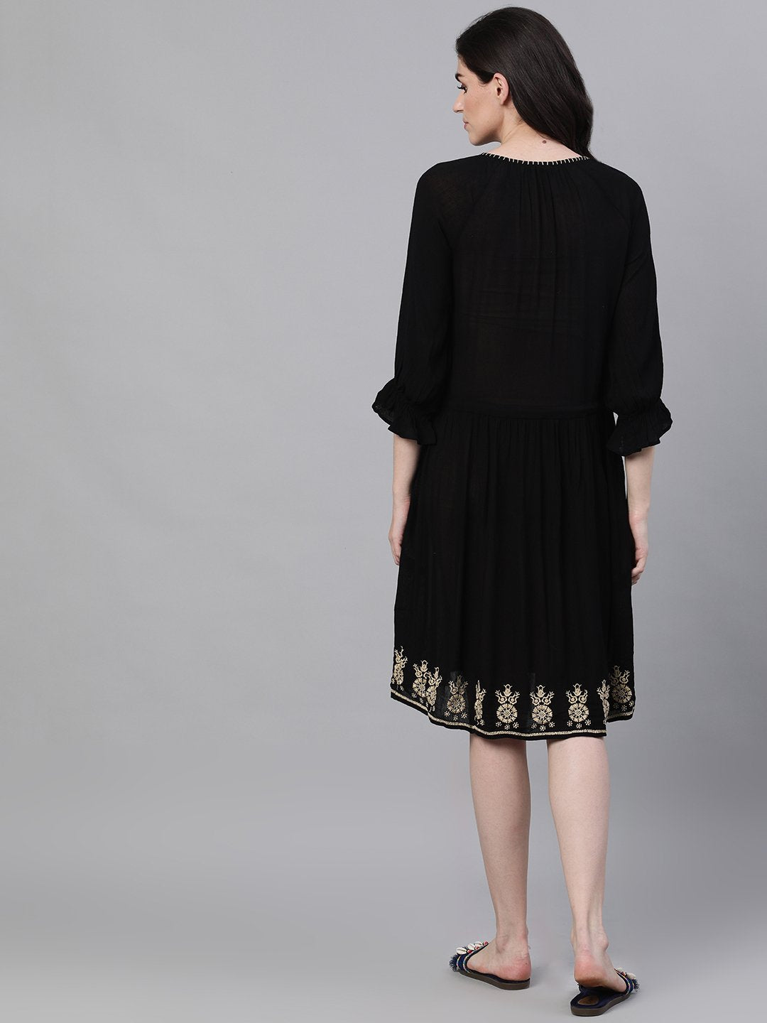 Ishin Women's Rayon Black Embroidered A-Line Dress