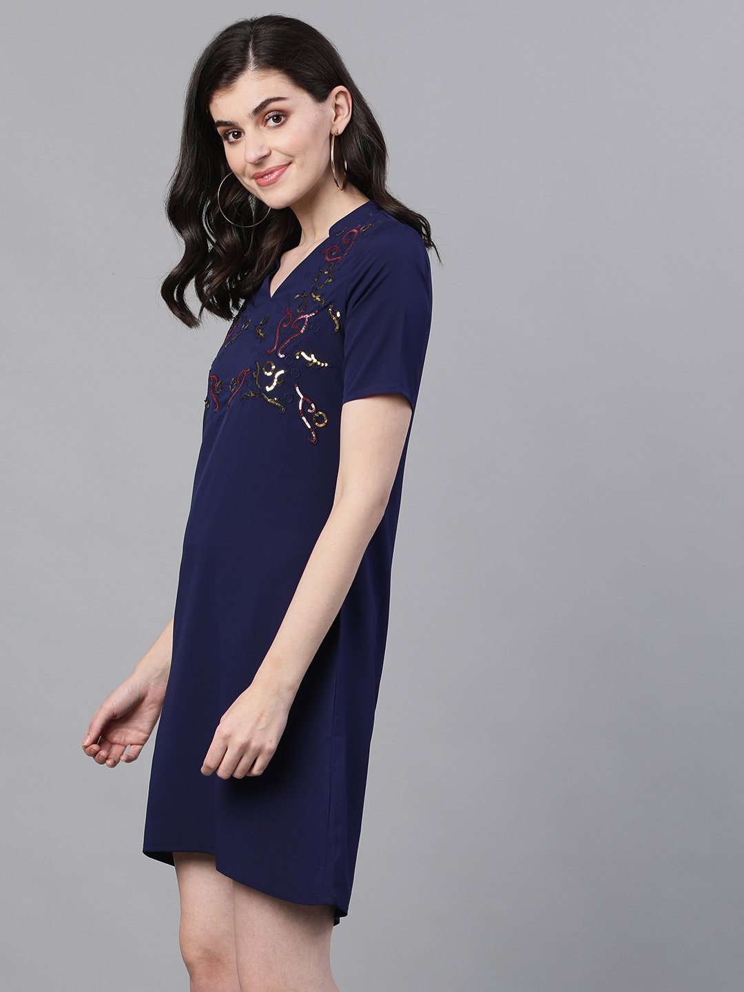 Ishin Women's Poly Crepe Blue Embellished A-Line Dress