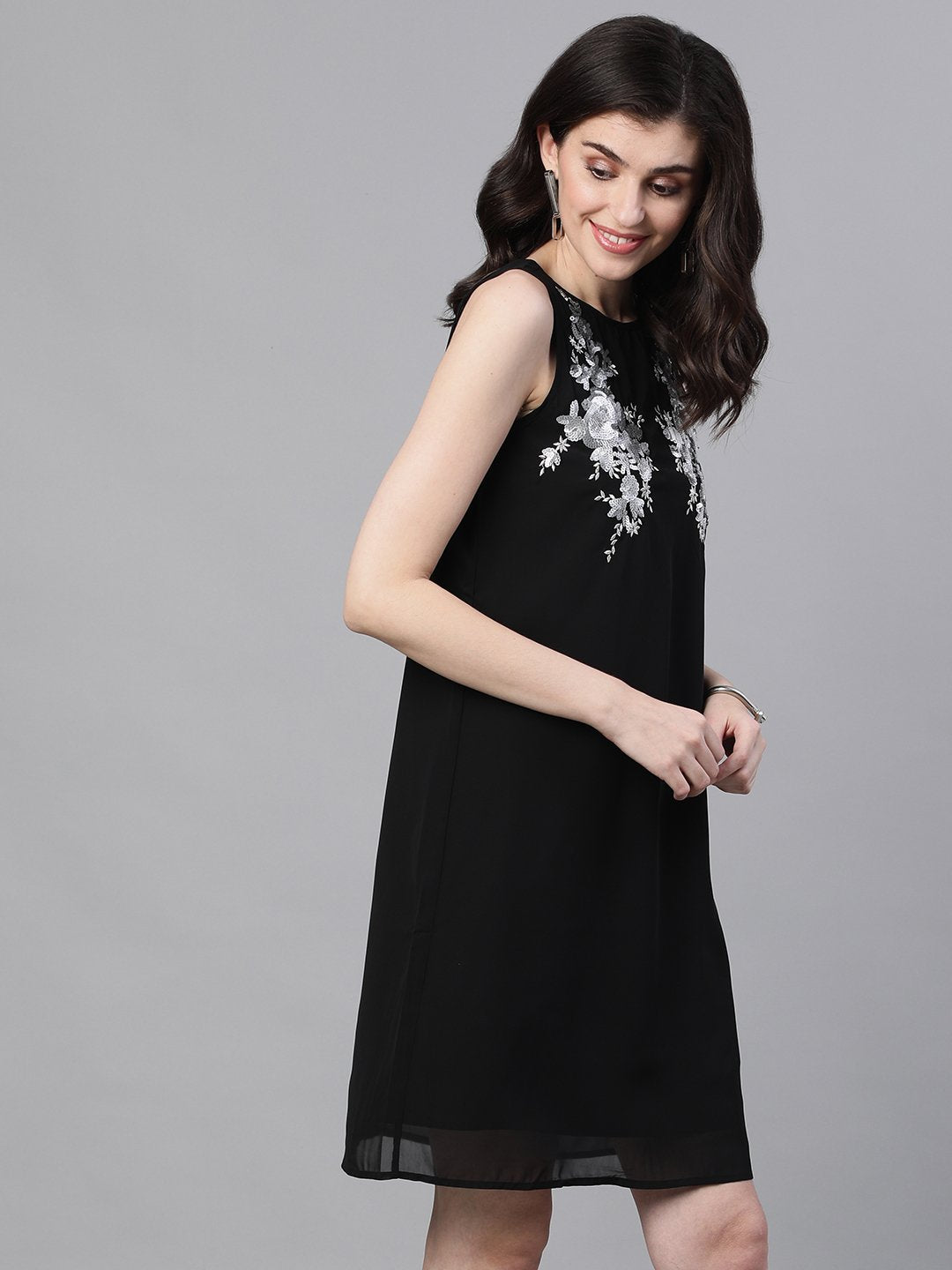 Ishin Women's Poly Crepe Black Embellished A-Line Dress