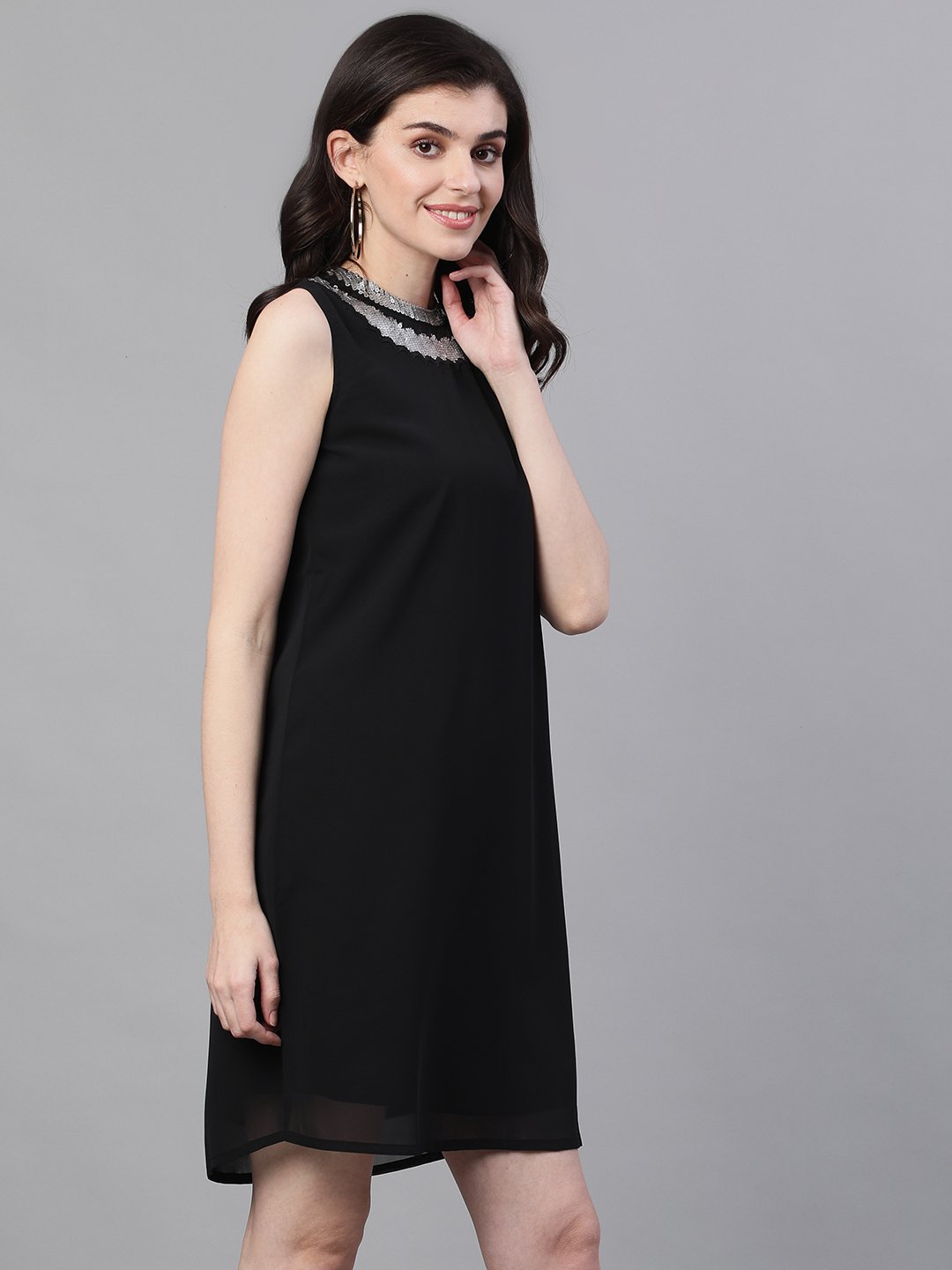 Ishin Women's Poly Crepe Black Solid Jewel Neck A-Line Dress