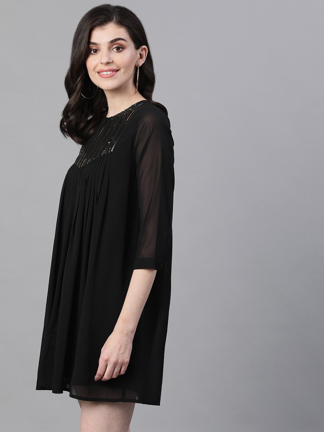 Ishin Women's Poly Georgette Black Embellished A-Line Dress