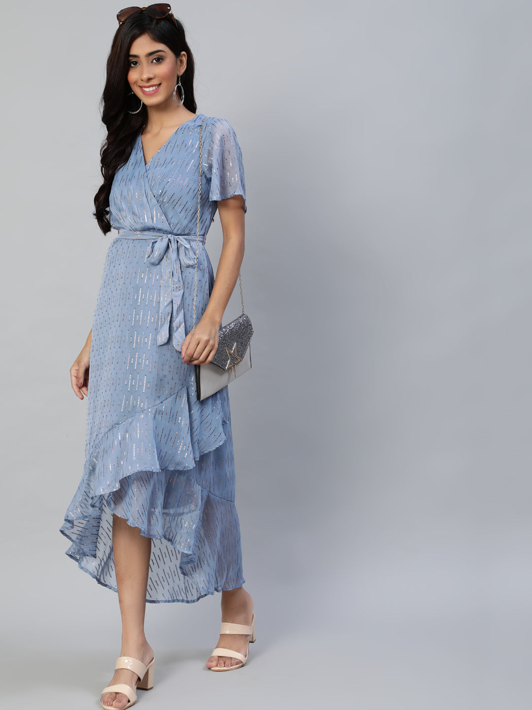 Ishin Women's Blue Chiffon Midi Dress