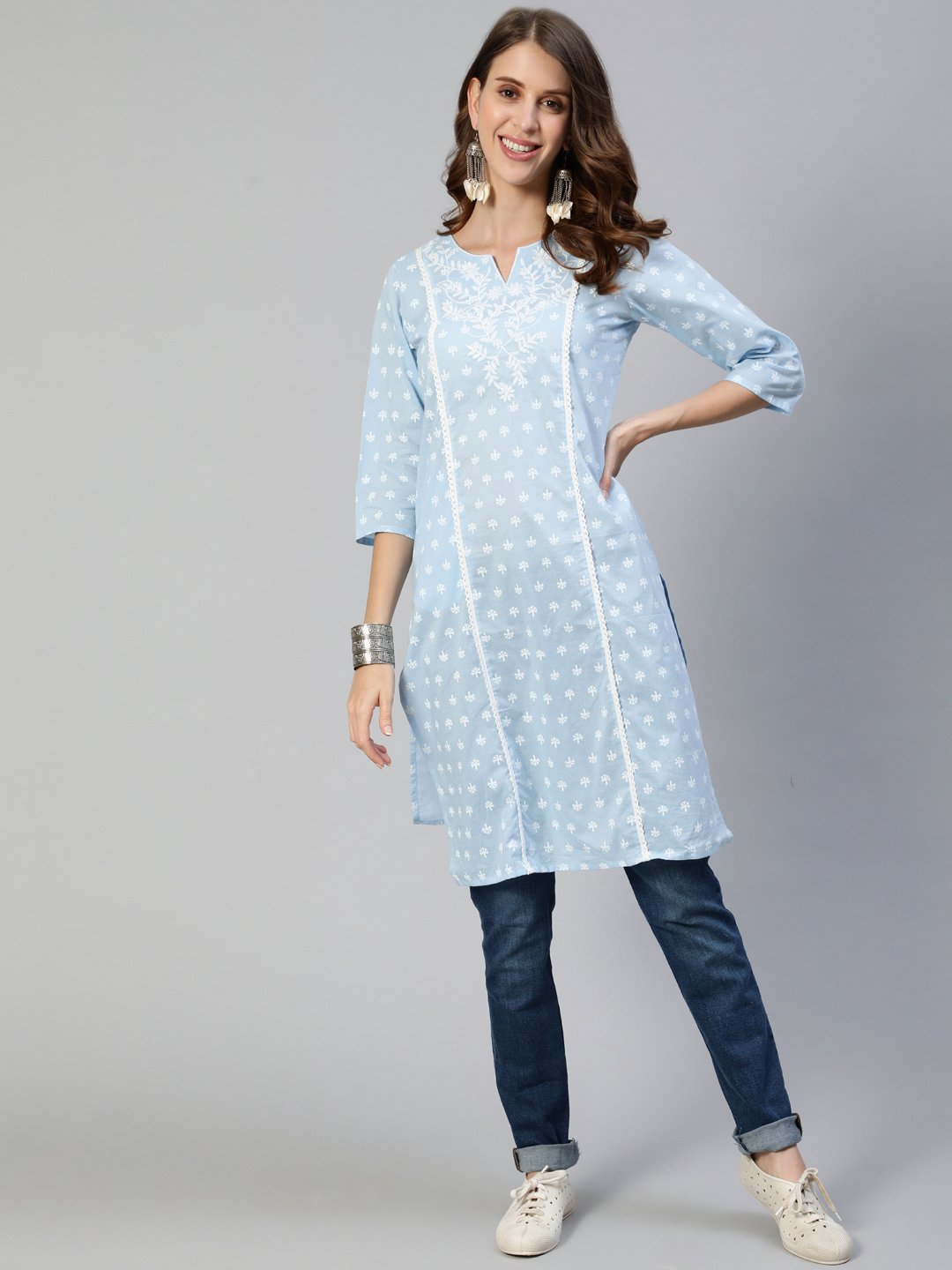 Ishin Women's Cotton Blue Embroidered A-Line Kurta