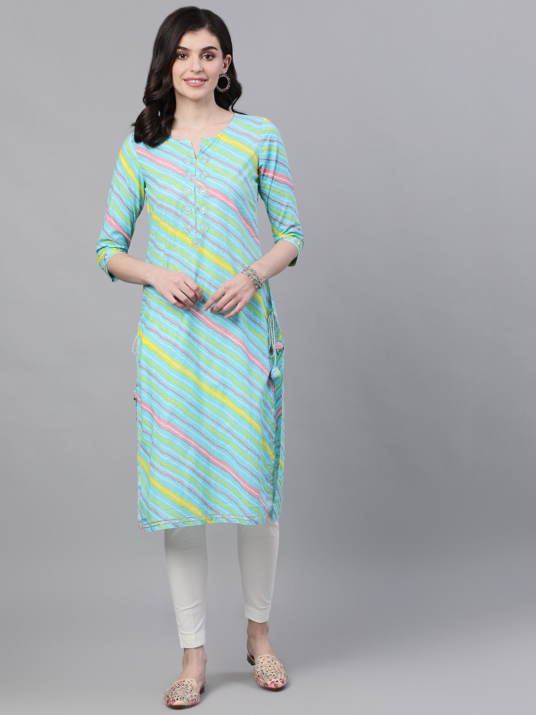 Ishin Women's Cotton Blue Leheriya Print Embroidered A-Line Kurta