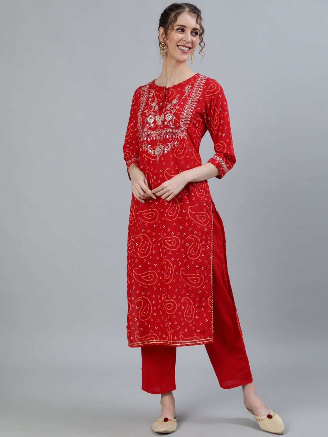 Ishin Women's Red Zari Embroidered Straight Kurta With Trouser