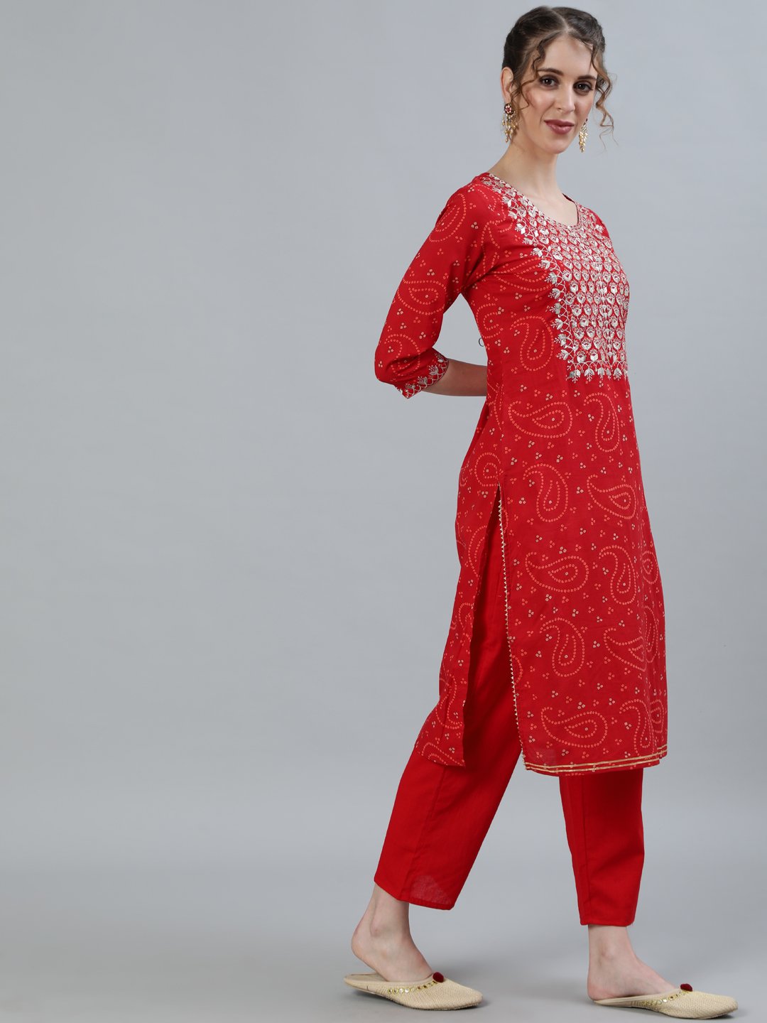 Ishin Women's Red Zari Embroidered Straight Kurta With Trouser