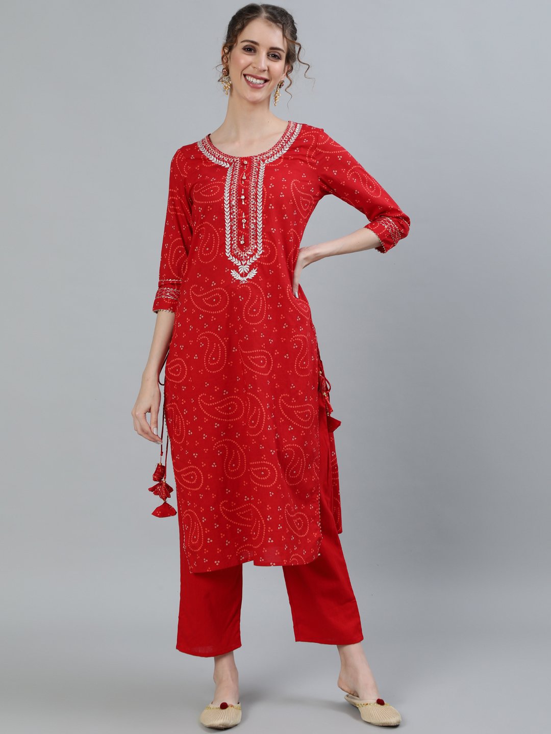 Ishin Women's Red Zari Embroidered Straight Kurta With Trouser