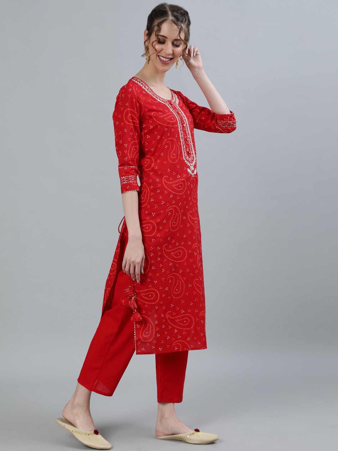 Ishin Women's Red Zari Embroidered Straight Kurta With Trouser