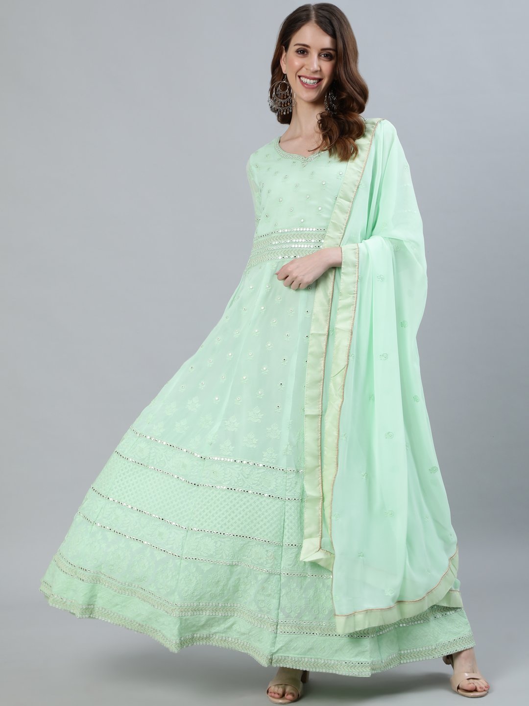 Ishin Women's Green Embroidered Anarkali Kurta With Dupatta 