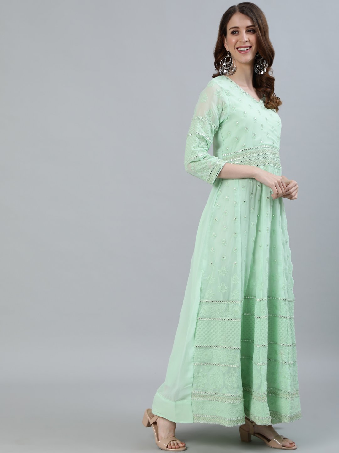 Ishin Women's Green Embroidered Anarkali Kurta With Dupatta 