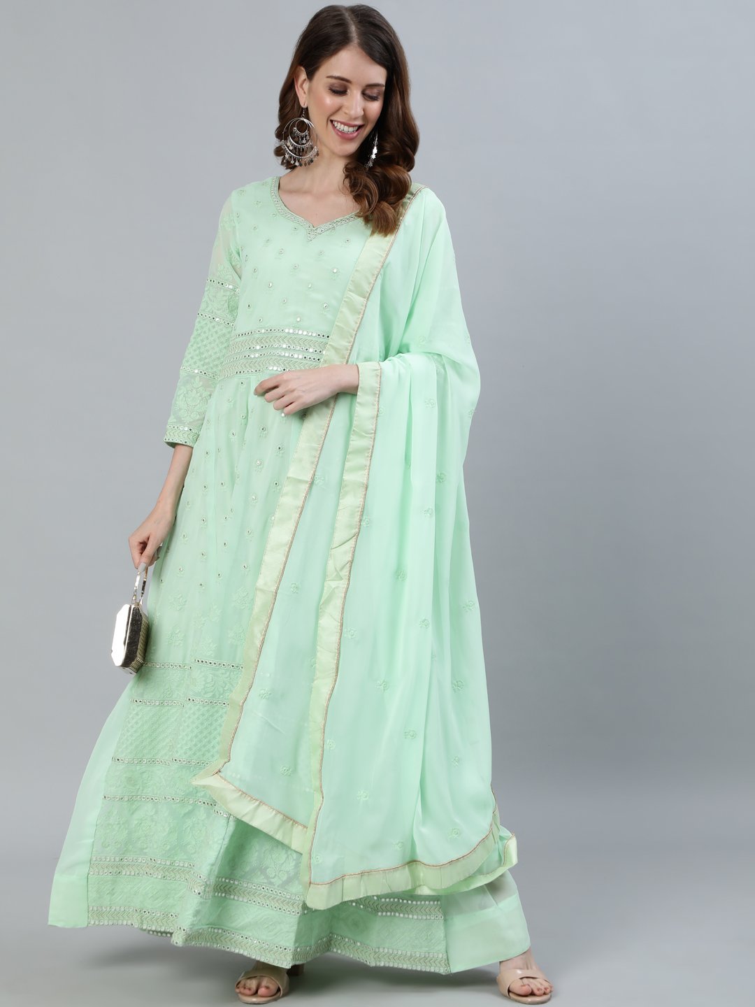 Ishin Women's Green Embroidered Anarkali Kurta With Dupatta