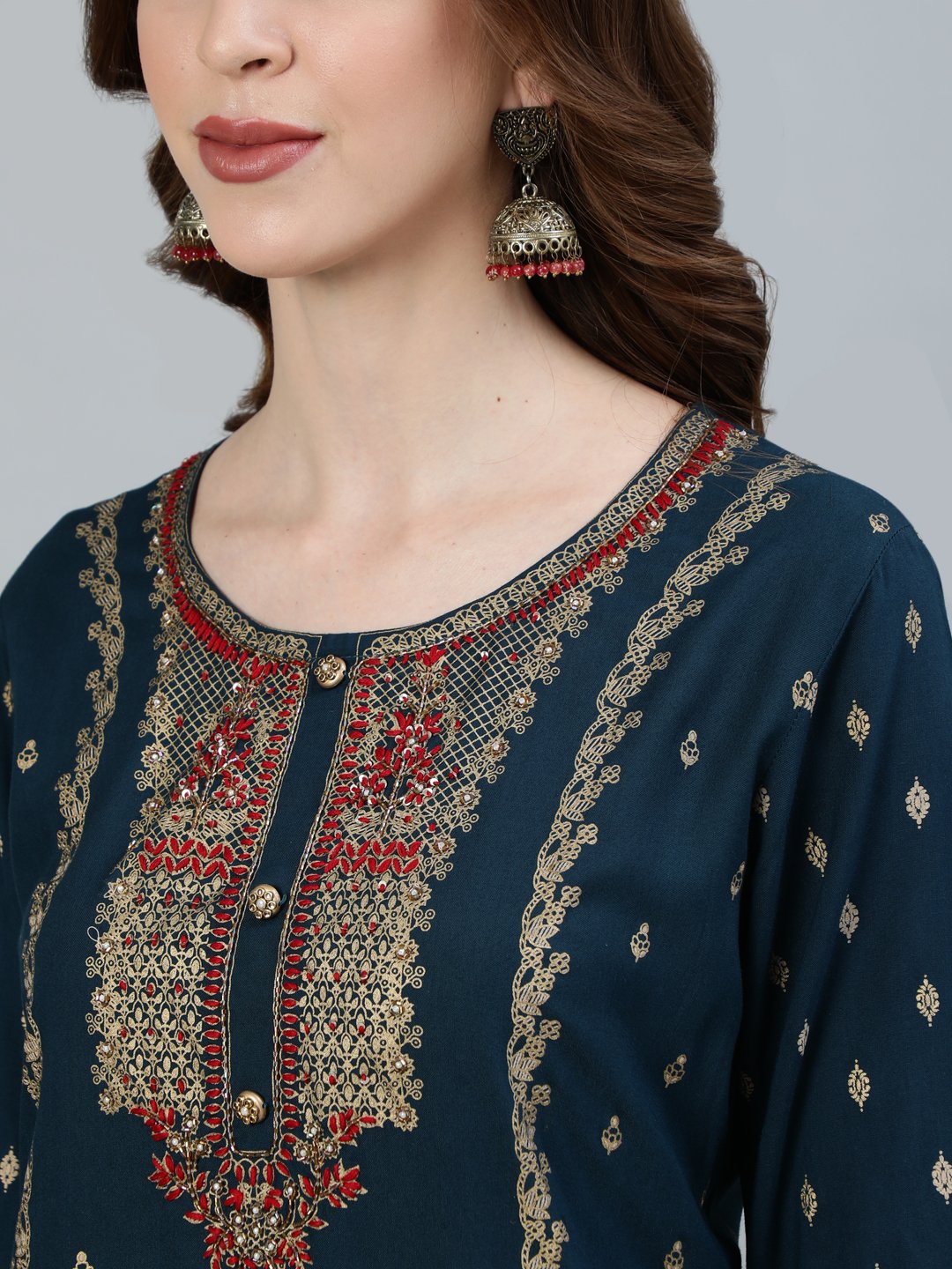 Ishin Women's Teal Yoke Embroidered A-Line Kurta With Sharara 