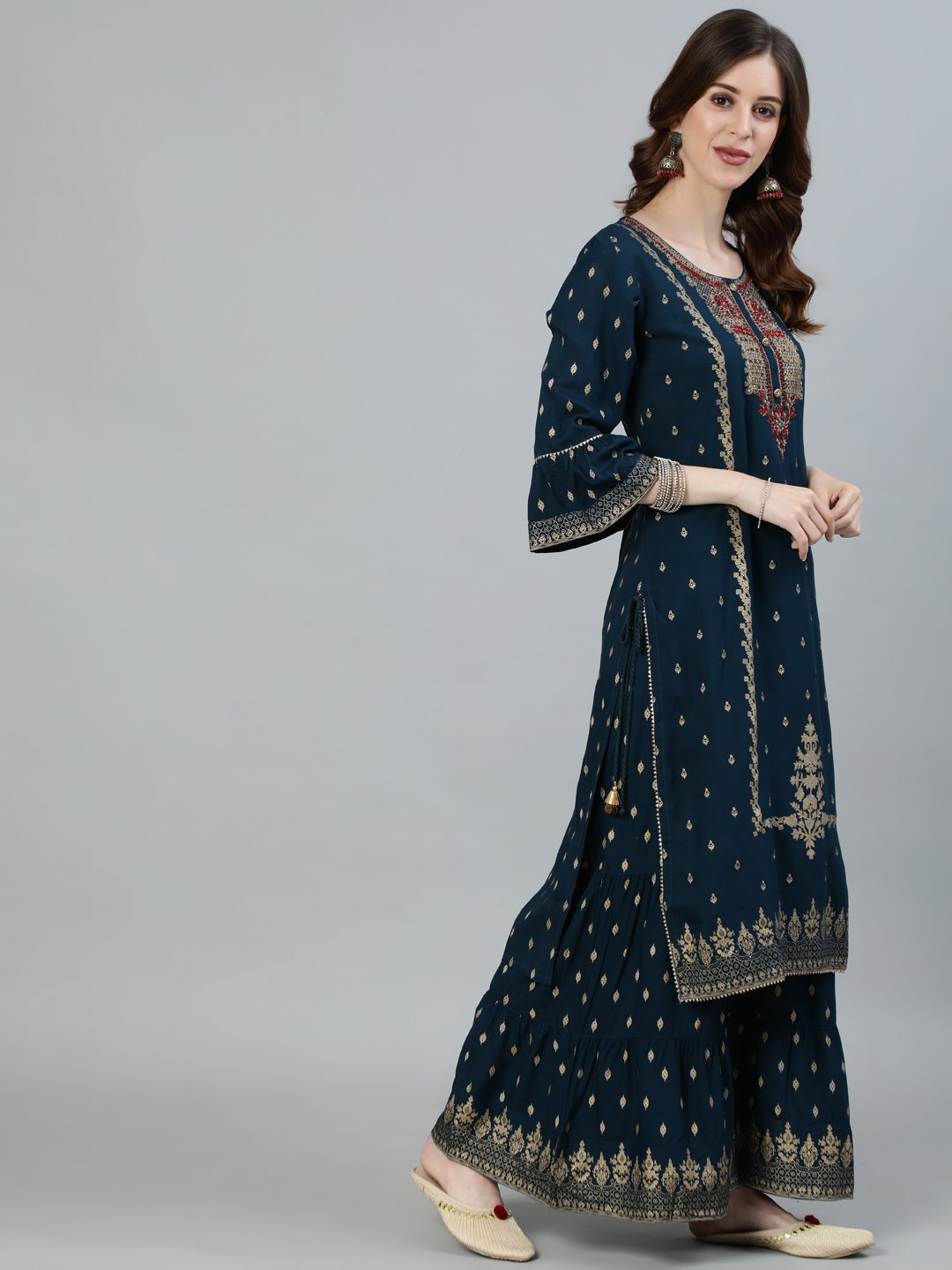 Ishin Women's Teal Yoke Embroidered A-Line Kurta With Sharara 