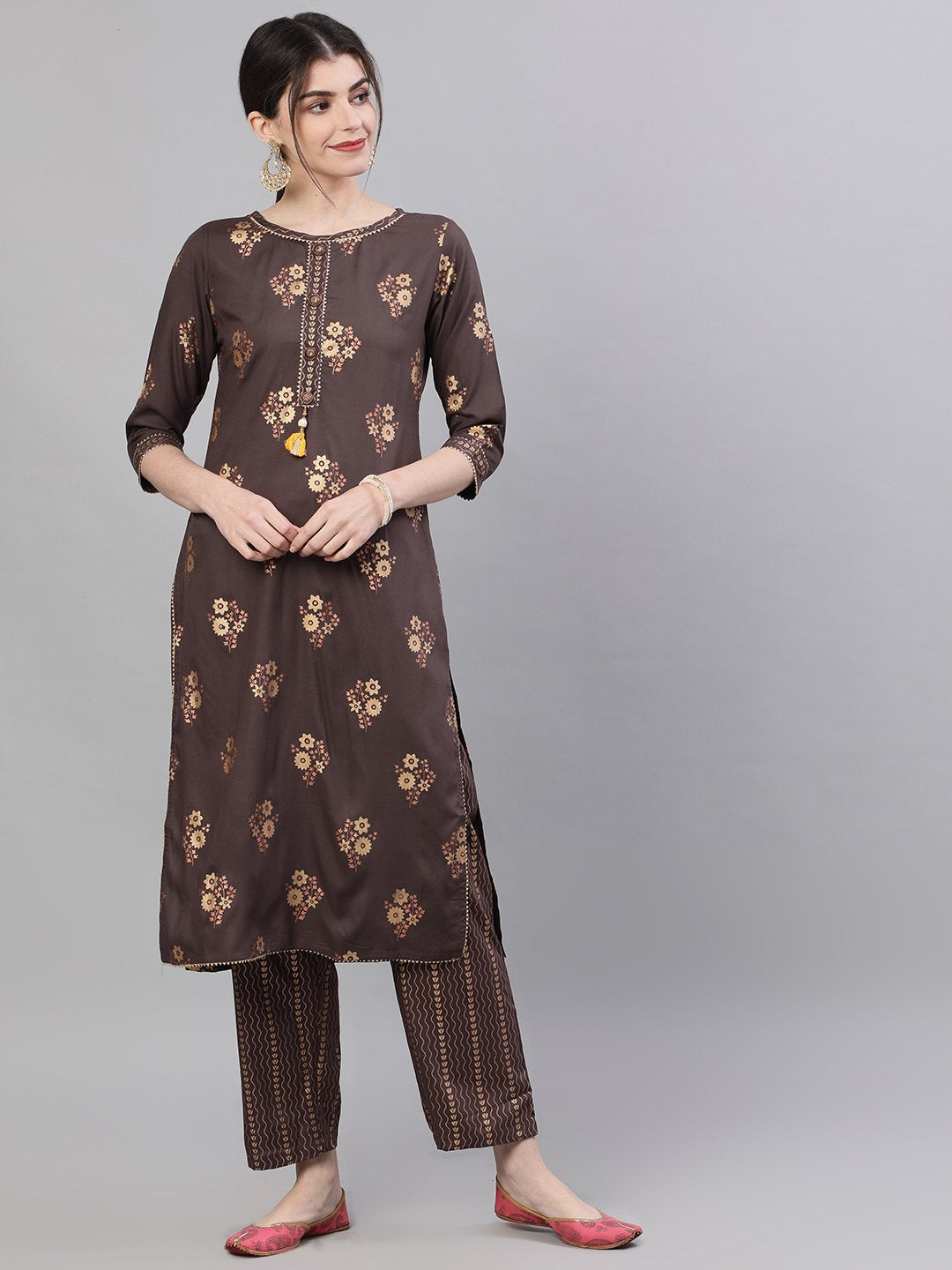 Ishin Women's Rayon Brown Foil Printed Straight Kurta Trouser Set