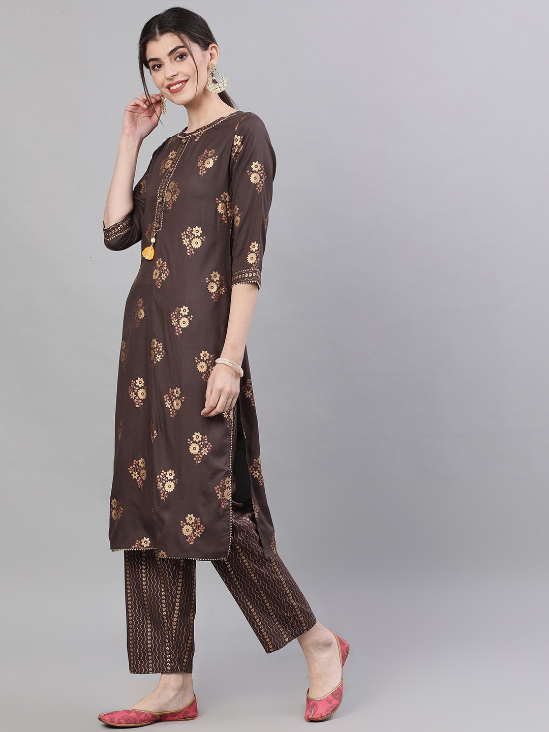 Ishin Women's Rayon Brown Foil Printed Straight Kurta Trouser Set