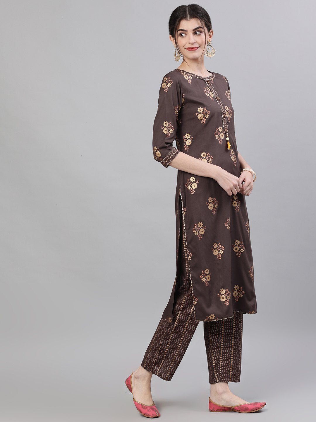 Ishin Women's Rayon Brown Foil Printed Straight Kurta Trouser Set