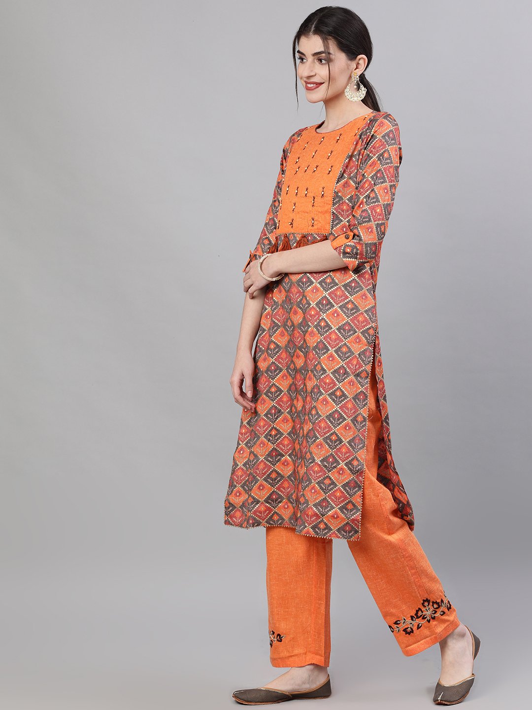 Ishin Women's Rayon Orange Yoke Embroidered Straight Kurta Trouser Set