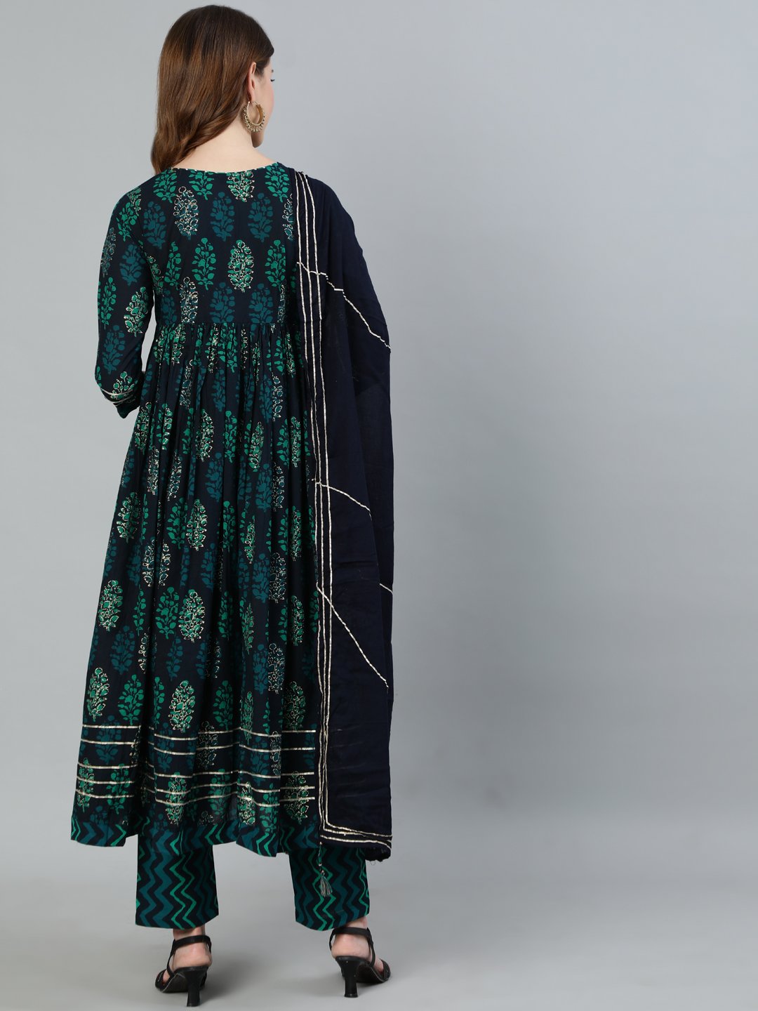 Ishin Women's Navy Blue Gotta Patti Anarkali Kurta With Trouser & Dupatta 