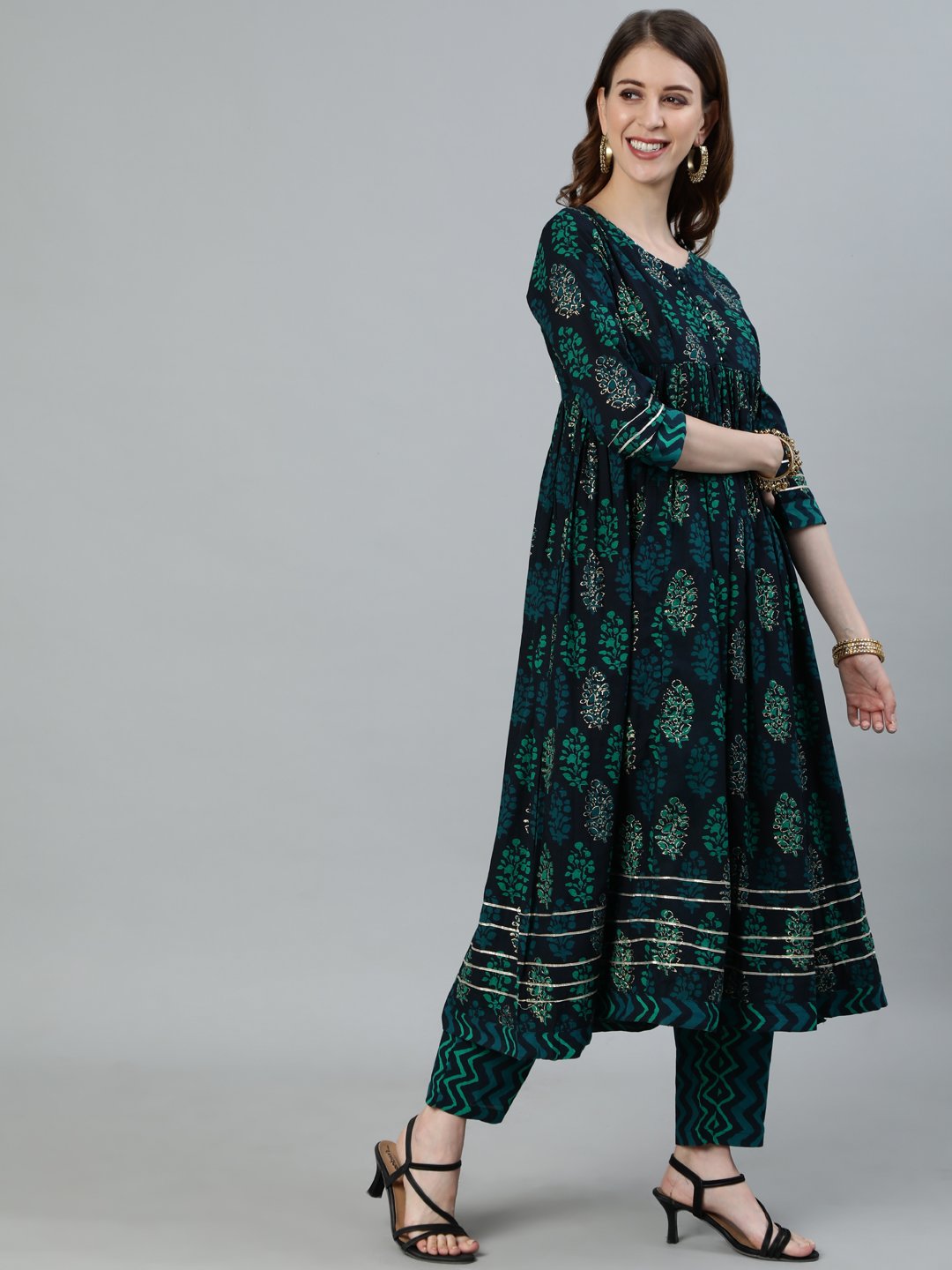 Ishin Women's Navy Blue Gotta Patti Anarkali Kurta With Trouser & Dupatta