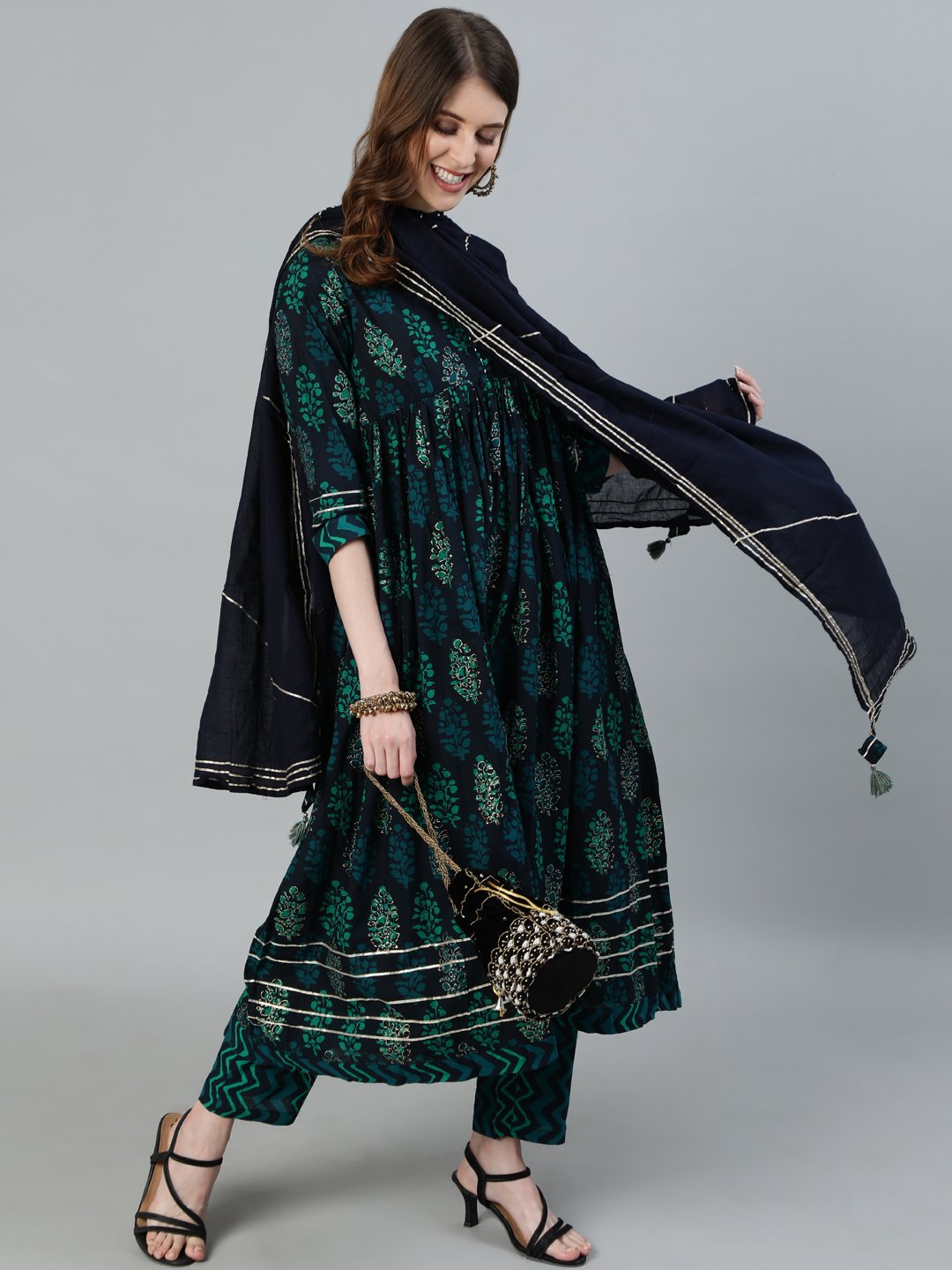 Ishin Women's Navy Blue Gotta Patti Anarkali Kurta With Trouser & Dupatta 