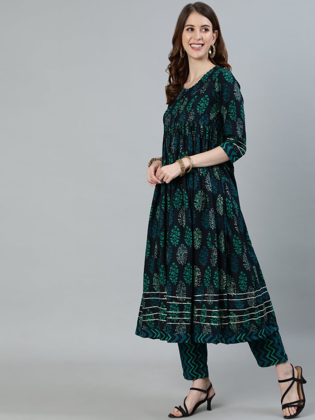 Ishin Women's Navy Blue Gotta Patti Anarkali Kurta With Trouser & Dupatta